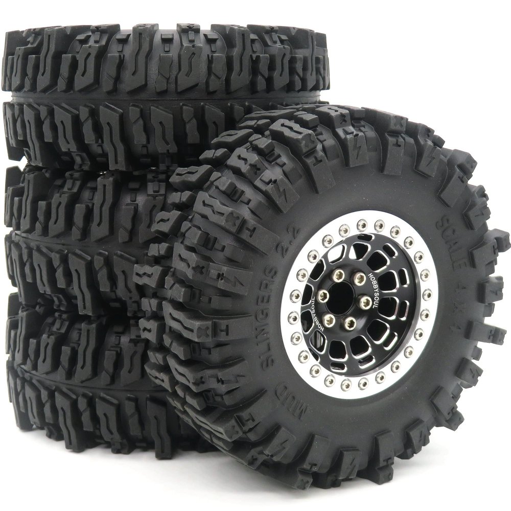 HOBBYSOUL 2.2 Mud Slingers Tires 4.88'' / 124mm & 2.2 Beadlock Wheels Black Silver, 2.2 Tires and Wheels 12mm Hex Rims for Axial Capra Wraith / TRX4 / Gen8, (4-Pack, Assembled)