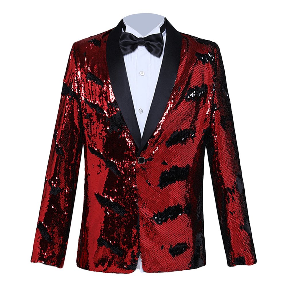 Maiyifu-GJ Men's Shiny Sequins Suit Jacket Sequin Wedding Nightclub Tuxedo Sport Coat Slim One Button Festival Party Blazer (Red,3X-Large)