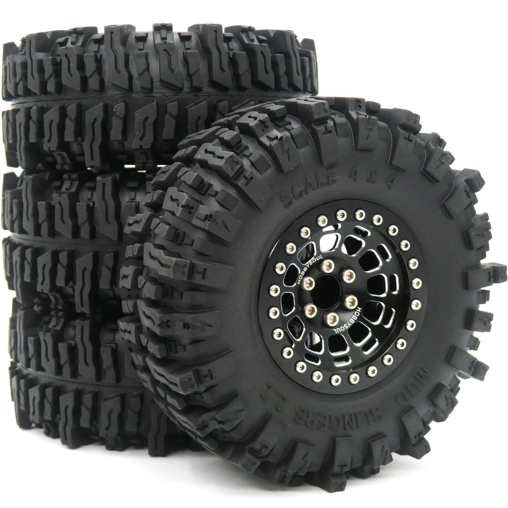HOBBYSOUL 2.2 Mud Slingers Tires 124mm & 2.2 Beadlock Wheels Black, 2.2 Tires and Wheels 12mm Hex Rims for Axial Capra Wraith/Traxxas TRX4 / Gen8 Everest gen 7 Pro, (4-Pack, Assembled)