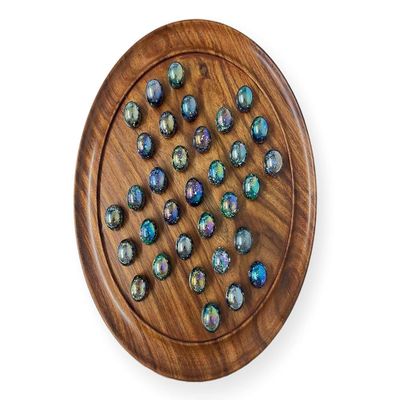 30cm Diameter Wooden Solitaire Board Game with Juniper Speckled Blue Green Glass Marbles | |Classic Wooden Solitaire Game | Strategy Board Game | Family Board Game | Games for one | Board Games