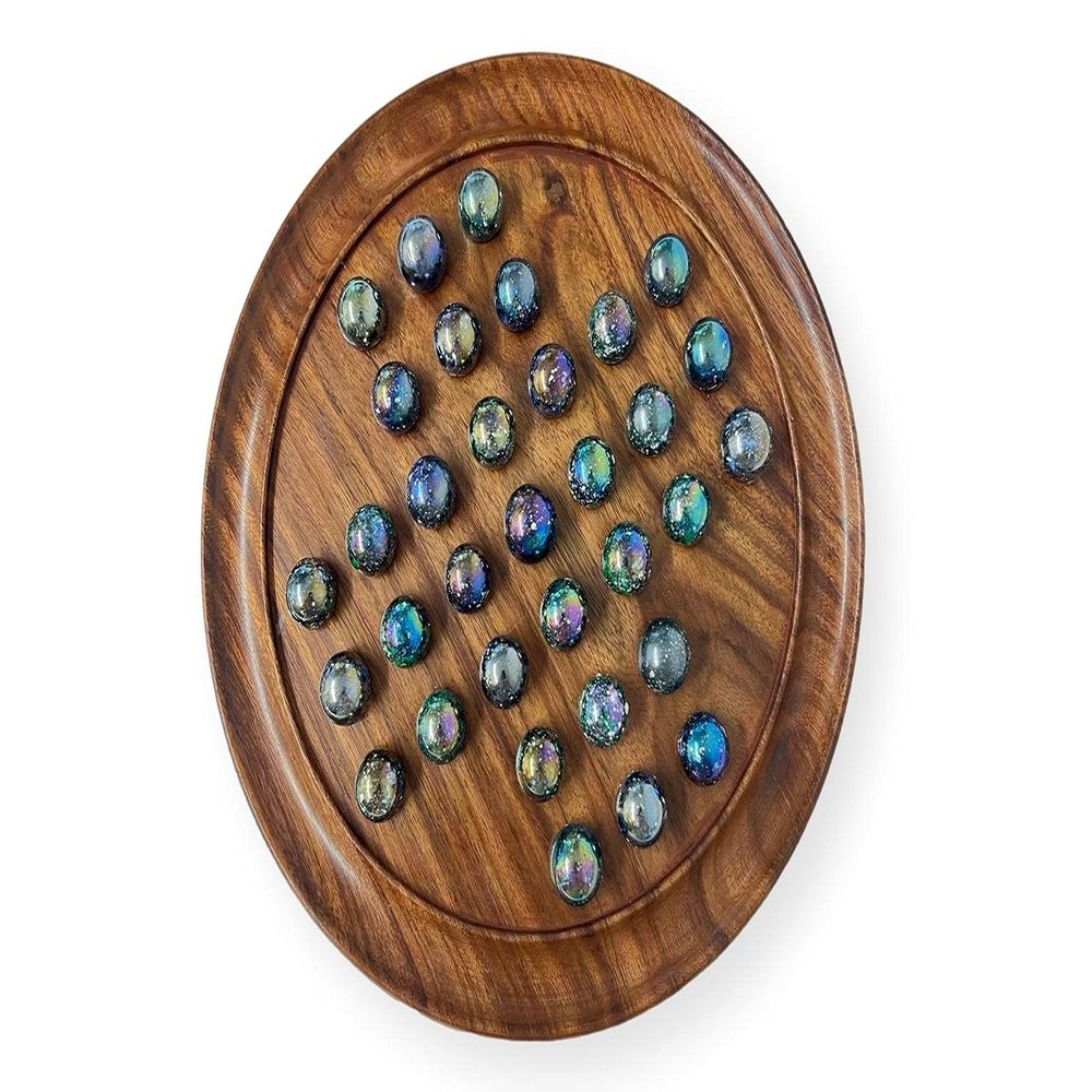 30cm Diameter Wooden Solitaire Board Game with Juniper Speckled Blue Green Glass Marbles | |Classic Wooden Solitaire Game | Strategy Board Game | Family Board Game | Games for one | Board Games