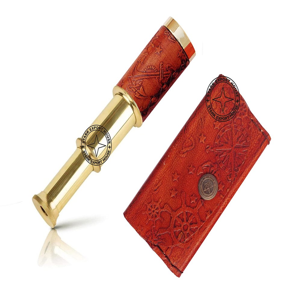 Brass Marine Handheld Spyglass Brass Telescope Binoculars with Lather Box 6-inch Best for Gift Item