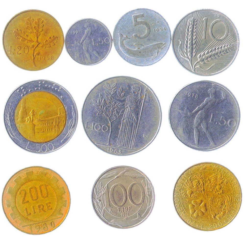 Italy 10 Mixed Coins | Lires | Italian Currency | Italiana | Goddess Minerva | 1946-2001