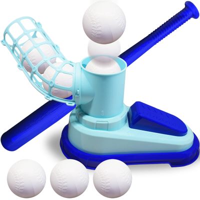 ArtCreativity Baseball Pitching Machine for Kids, Pop A Pitch Baseball Batting Kids Pitching Machine Toy with Collapsible Bat + 3 Baseballs, Trainer for Batting Practice, Outdoor Fun