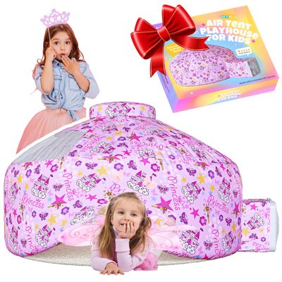 Skywin Air Tent for Kids (77 x 50) Builds in 30 Sec, Toddler Tents Indoor for Imaginative Play, Spacious Kids Forts Indoor Playhouse for Boys & Girls Ages 3-14 (Fan Not Incl) (Princess Palace)