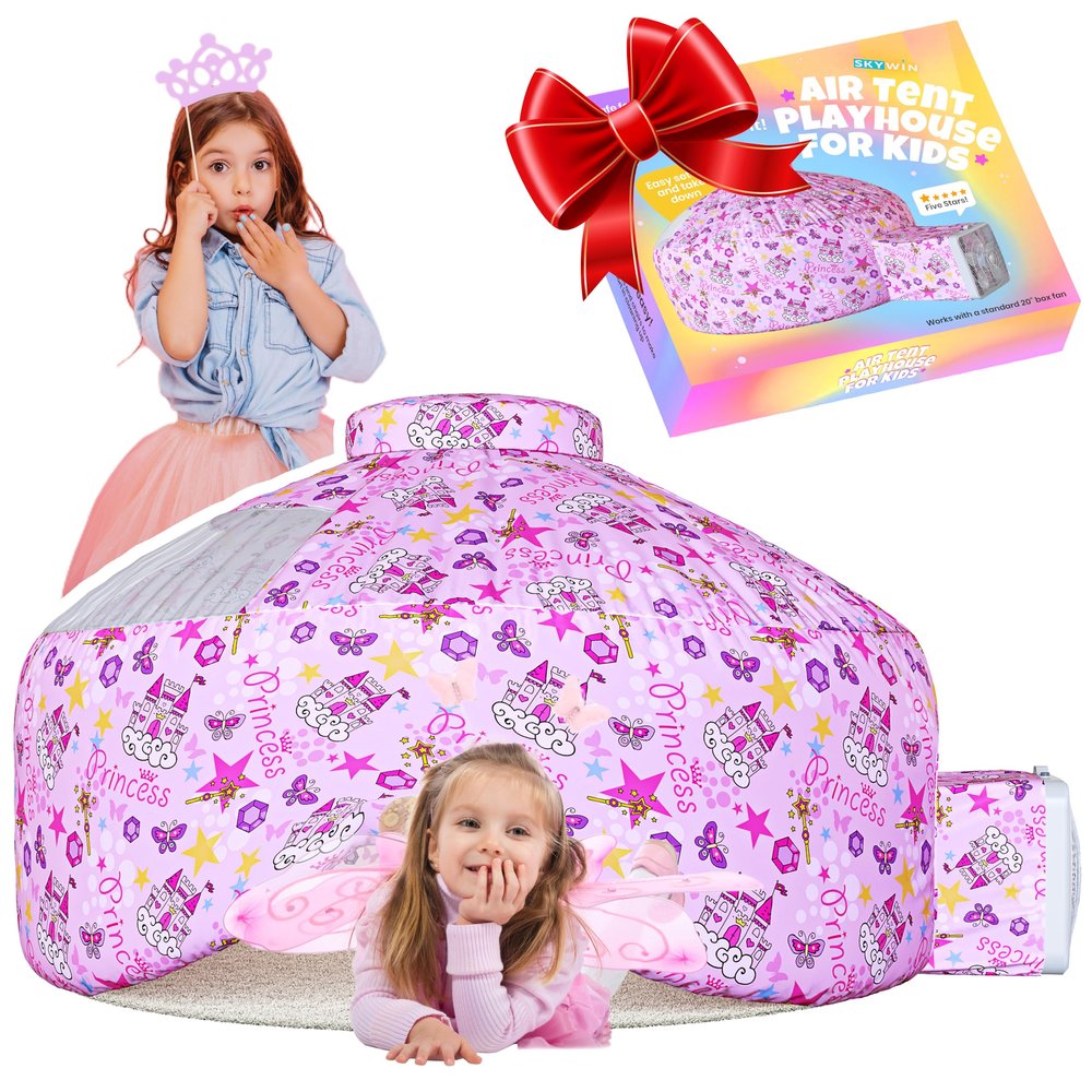 Skywin Air Tent for Kids (77 x 50) Builds in 30 Sec, Toddler Tents Indoor for Imaginative Play, Spacious Kids Forts Indoor Playhouse for Boys & Girls Ages 3-14 (Fan Not Incl) (Princess Palace)