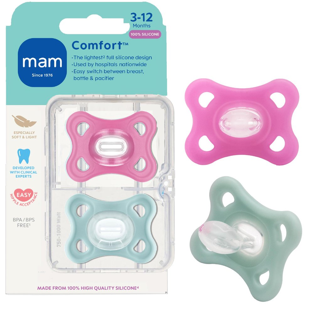 MAM Comfort Baby Pacifiers 3-12 Months Babies, Lightweight One-Piece Full Silicone Binky, BPA-Free Nipple, Easy to Clean Pacifier, Best for Breastfed Babies, 2 Count, Sterilizer Case, Made in Europe