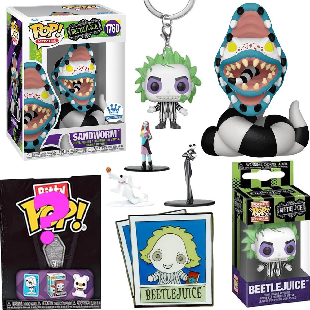 Frights in Nightmare Town Tim Burton Figure Exclusive Sandworm with Bitty Pop! Before Christmas Halloweentown + Beetlejuice Mini Creatures 4-Items