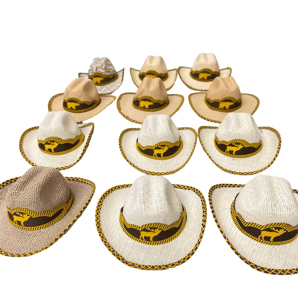 12 PIECE MINI PALM HAT, MINI HAT DECORATION, CAR DECOR, ORIGINAL, MADE IN MEXICO, SOMBRERITO, REAL PALM, SOMBRERO DE PALMA, ANIMAL MIX, SOMBRERO DE ANIMALES