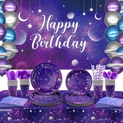 Galaxy Party Supplies,Includes Space Galaxy Birthday Backdrop, Plates, Napkins, Cups ,Tablecloth, Balloons,Foil Balloons, for 20 Guests Galaxy Outer Space Theme Birthday Party Decoration