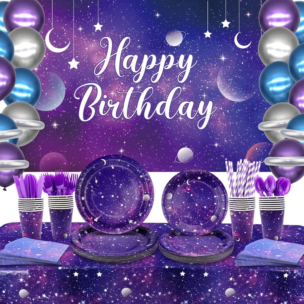 Galaxy Party Supplies,Includes Space Galaxy Birthday Backdrop, Plates, Napkins, Cups ,Tablecloth, Balloons,Foil Balloons, for 20 Guests Galaxy Outer Space Theme Birthday Party Decoration