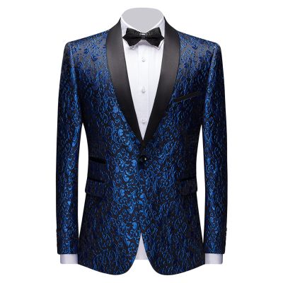 Men Floral Dress Suit Jacket Stylish Lapel Luxury Dinner Party Blazer Slim Fit Printed Wedding Sport Coat Tuxedo (Blue,Small)