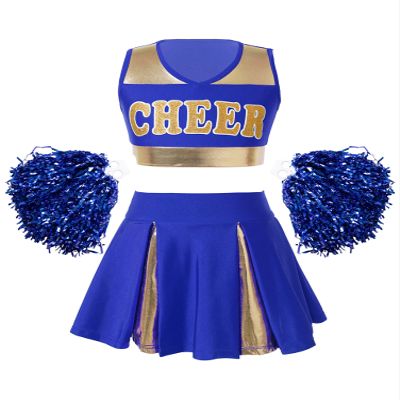 Aislor Girl's Cheer Leader Costume Cheerleading Uniform Fancy Dress Outfit Cosplay Halloween Costume with Pom Poms Blue 14 Years