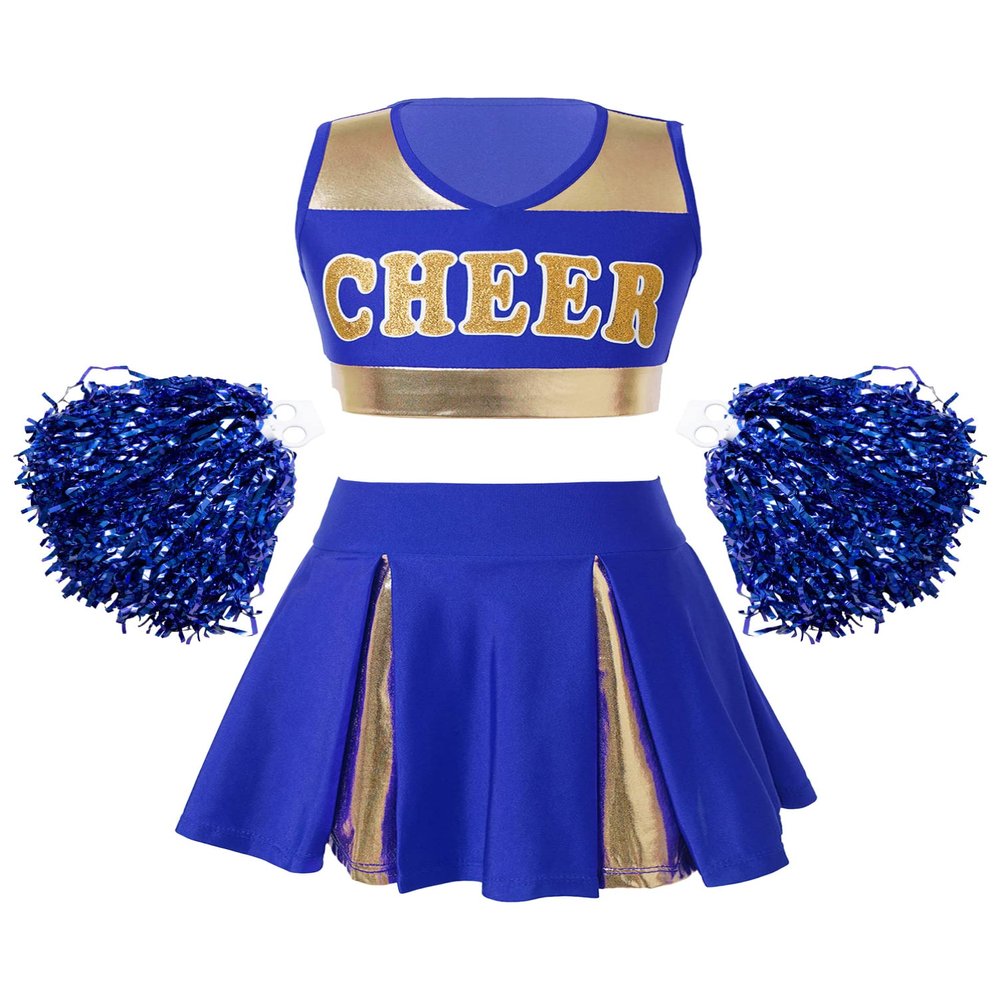 Aislor Girl's Cheer Leader Costume Cheerleading Uniform Fancy Dress Outfit Cosplay Halloween Costume with Pom Poms Blue 14 Years