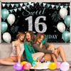 16th Birthday Decorations, Sweet 16 Birthday Backdrop Banner for Girls Boys, Teal Silver Sweet Sixteen Party Background, Turquoise 16 birthday Sign Poster for Outdoor Indoor, Fabric 6.1ft x 3ft PHXEY view 3