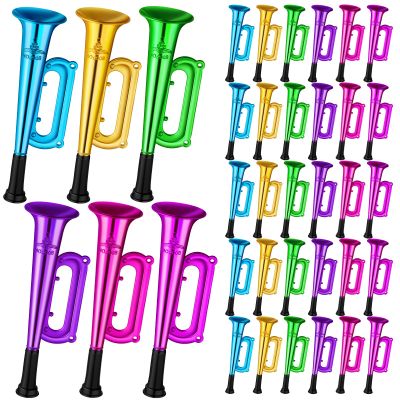 36 Pcs Plastic Trumpet Kids 6 Inch Noise Toys Play Metallic Trumpet Mini Shiny Blow Horn Noise Makers Toy Plastic Colors Musical Instruments for Sports Mardi Gras Party Favors