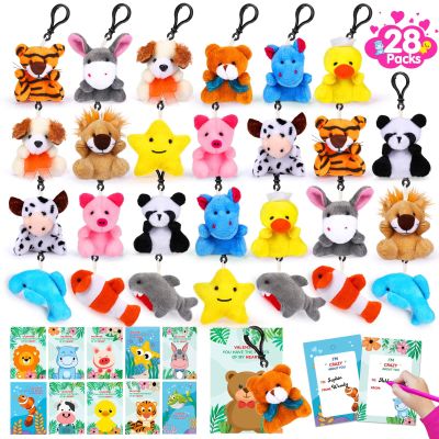 28 Packs Valentines Day Gifts for Kids Girls Boys with Valentines Stuffed Animal Keychain Valentine Cards for Kids Classroom Exchange Gifts Mini Animal Plush Toys Valentines Party Favor School Prizes