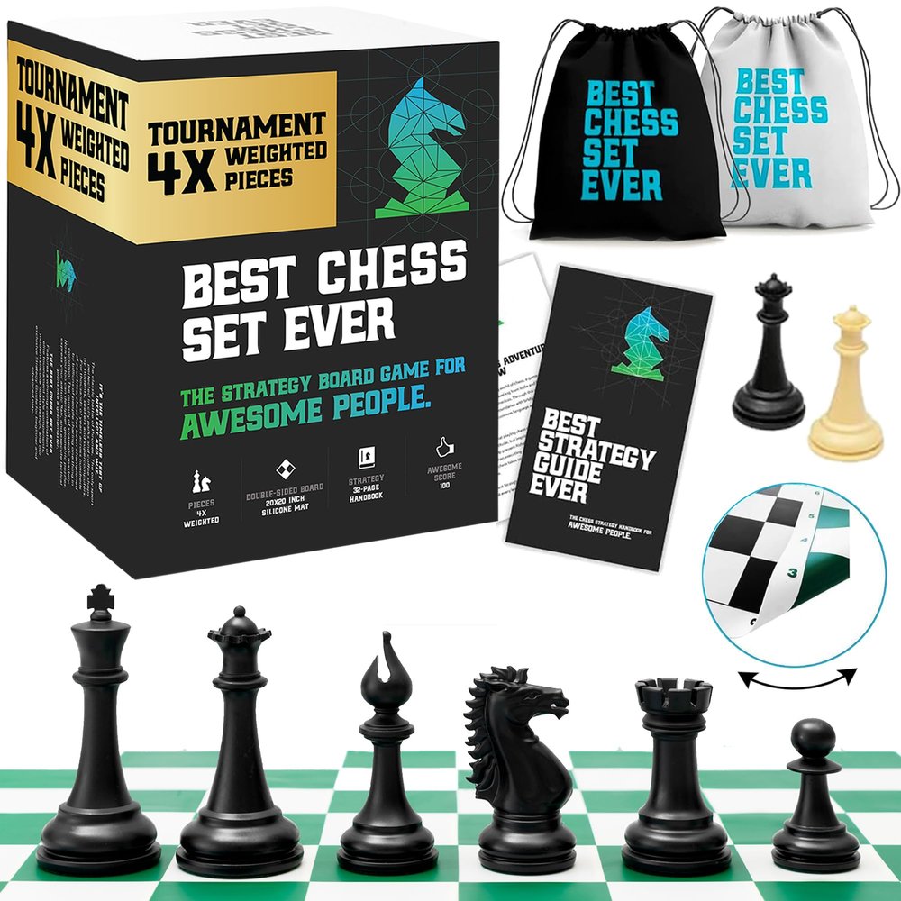 Best Chess Set Ever 4X Quadruple Weighted Tournament Chess Game (4.4" King) Large Staunton Modern Pieces, 20x20 Big Reversible & Foldable Silicone Mat, Professional Chess Board Set for Adults & Kids