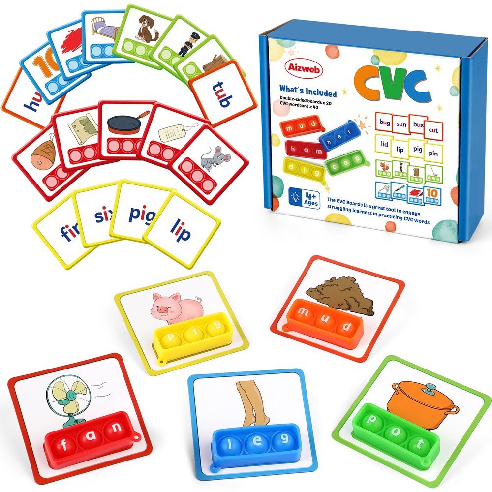 Aizweb CVC Word Games Kindergarten,Phonics Games for Kids Ages 3-8,CVC Pop its with Flash Cards for Preschool Special Education Classroom Supplies,Reading&Spelling Activity Manipulatives for Teachers
