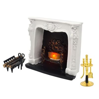iLAND Dollhouse Furniture and Accessories of Dollhouse Fireplace on 1/12 Scale w/Fire Light & Fireplace Tools & Tong & Firewood Rack (Rococo 4pcs)