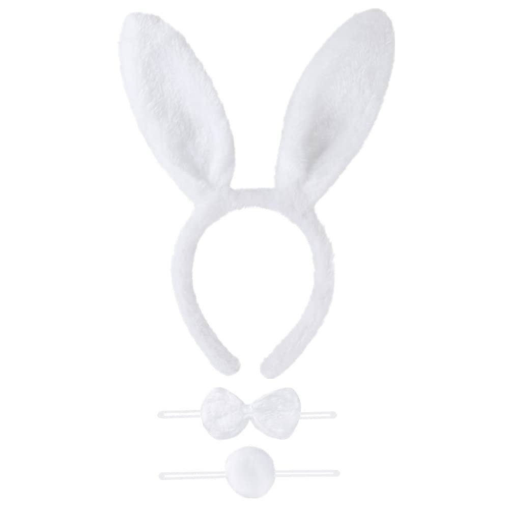 Aoduoer Bunny Rabbit Costume Accessory Kit, Rabbit Costume Bunny Ears Headbands Tail Bow Tie Set for Easter Halloween Christmas Party (White) BY-EAR-BOW-T