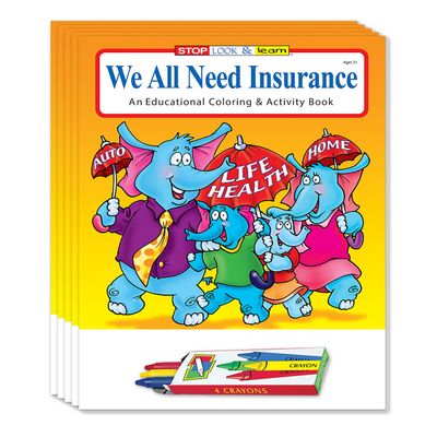 ZOCO  We All Need Insurance Coloring Books for Kids (50 Bulk Pack, With Crayons)  Educational Handouts for Insurance Agents & Financial Planners  Games, Puzzles, Activities