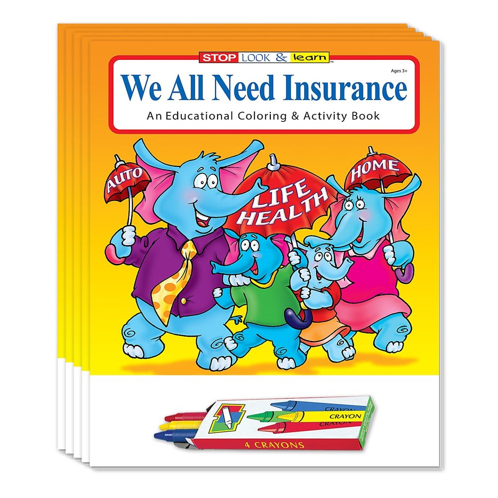 ZOCO  We All Need Insurance Coloring Books for Kids (50 Bulk Pack, With Crayons)  Educational Handouts for Insurance Agents & Financial Planners  Games, Puzzles, Activities