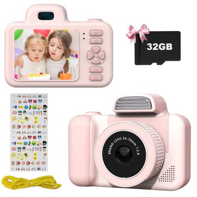 Kids Camera, 1080P Digital Dual Camera for Girls and Boys with 2.0 Inch IPS Screen for Age 3-9, Toddler Portable Toy Cartoon Stickers Selfie Video Camera with 32GB Memory Card-M-Pink