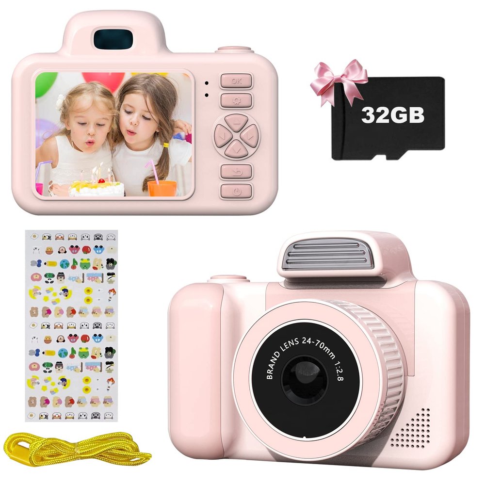Kids Camera, 1080P Digital Dual Camera for Girls and Boys with 2.0 Inch IPS Screen for Age 3-9, Toddler Portable Toy Cartoon Stickers Selfie Video Camera with 32GB Memory Card-M-Pink