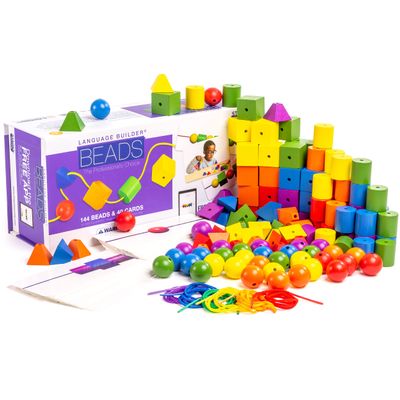 Stages Learning Language Builder Stringing Beads Kit Curriculum for Autism & Preschool 144 Wood Beads and 40 Patterning Flashcards, Home Set