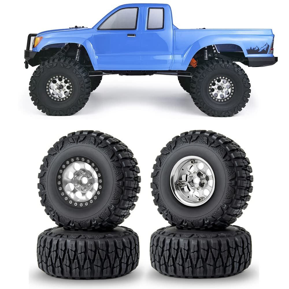 RCLIONS 1.9inch Beadlock Wheels and Tires with Foam Insert for 1/10 RC Car Axial SCX10,TRX4,D90 (Black+Silver)