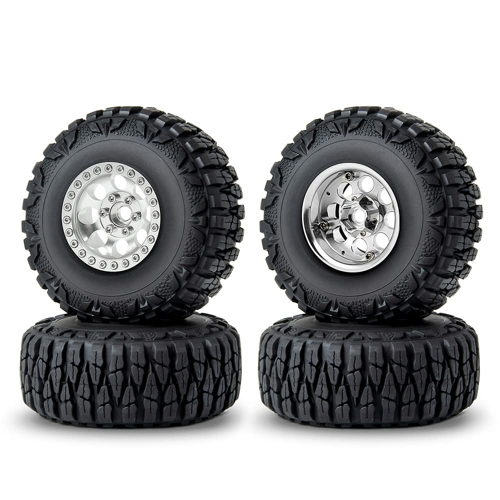 RCLIONS 1.9inch Beadlock Wheels and Tires with Foam Insert for 1/10 RC Car Axial SCX10,TRX4,D90 (Silver)