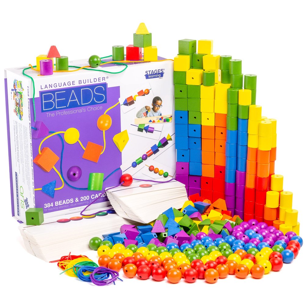 Stages Learning Language Builder Stringing Beads Kit Curriculum for Autism & Preschool 384 Wood Beads and 200 Patterning Flashcards, Classroom Set
