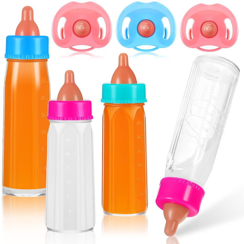 Seematn 7 Pcs Baby Doll Bottles Accessories Disappearing Doll Feeding Set Milk and Juice Bottles with Toy Pacifier Baby Bottle Toy for Kids Gift Reborn Accessories(Medium,Classic Style)