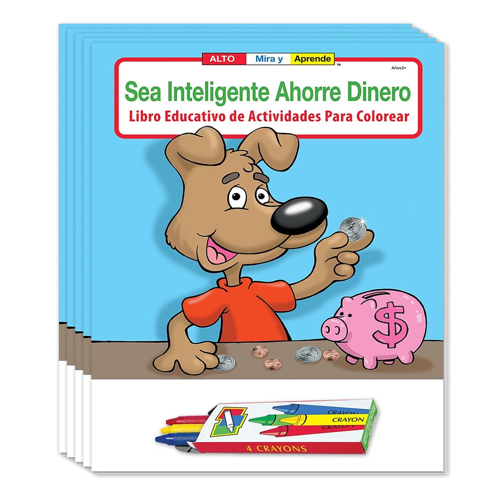 ZOCO Be Smart with Your Savings (in (in Spanish)) Coloring Books (50 Bulk Pack, with Crayons) Financial Literacy Activities for Kids Credit Union Bank Promo Educational Gift