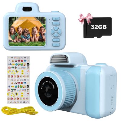 Kids Camera, 1080P Digital Dual Camera for Girls and Boys with 2.0 Inch IPS Screen for Age 3-9, Toddler Portable Toy Cartoon Stickers Selfie Video Camera with 32GB Memory Card-M-Blue