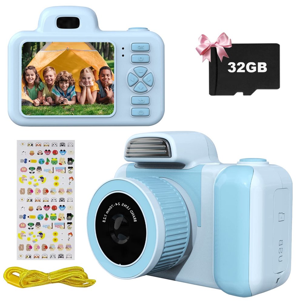 Kids Camera, 1080P Digital Dual Camera for Girls and Boys with 2.0 Inch IPS Screen for Age 3-9, Toddler Portable Toy Cartoon Stickers Selfie Video Camera with 32GB Memory Card-M-Blue