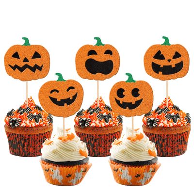 30 PCS Glitter Jack-O-Lantern Cupcake Toppers - Halloween Cupcake Picks for Kids Birthday Festival Party Cake Decorations