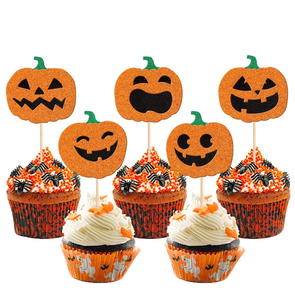 30 PCS Glitter Jack-O-Lantern Cupcake Toppers - Halloween Cupcake Picks for Kids Birthday Festival Party Cake Decorations