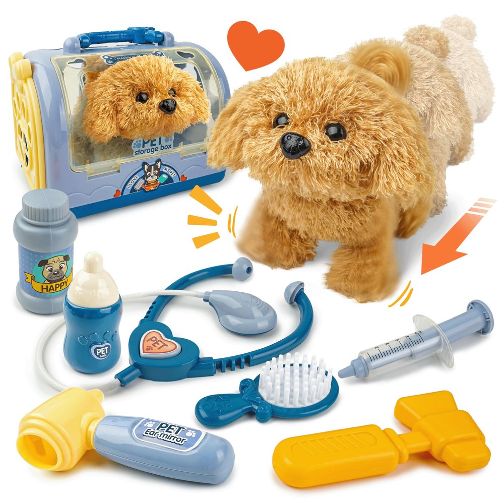 BELLOCHIDDO Veterinarian Playset for Kids, Vet Kits for Toddlers with Interactive Electric Walking Barking Dog & Cage, Pretend Play Puppy Pet Care Dog Toys Gifts for Ages 1 2 3 4 5 6+ Year Old
