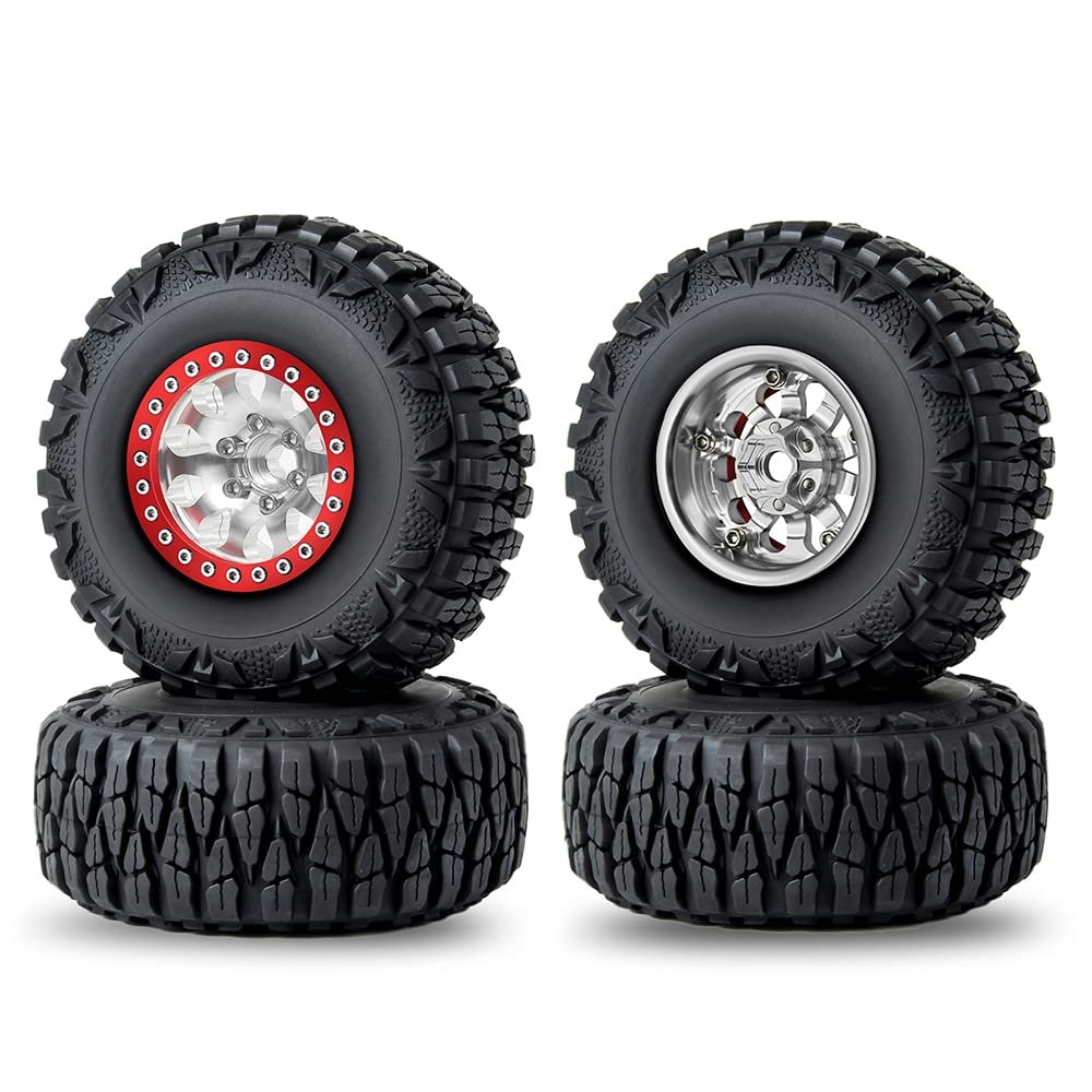 RCLIONS 1.9inch Aluminum Beadlock Wheels and Rubber Tires with Foam Insert for 1/10 RC Car Axial SCX10 90046,SCX10-III,TRX4,D90 (Silver+Red)