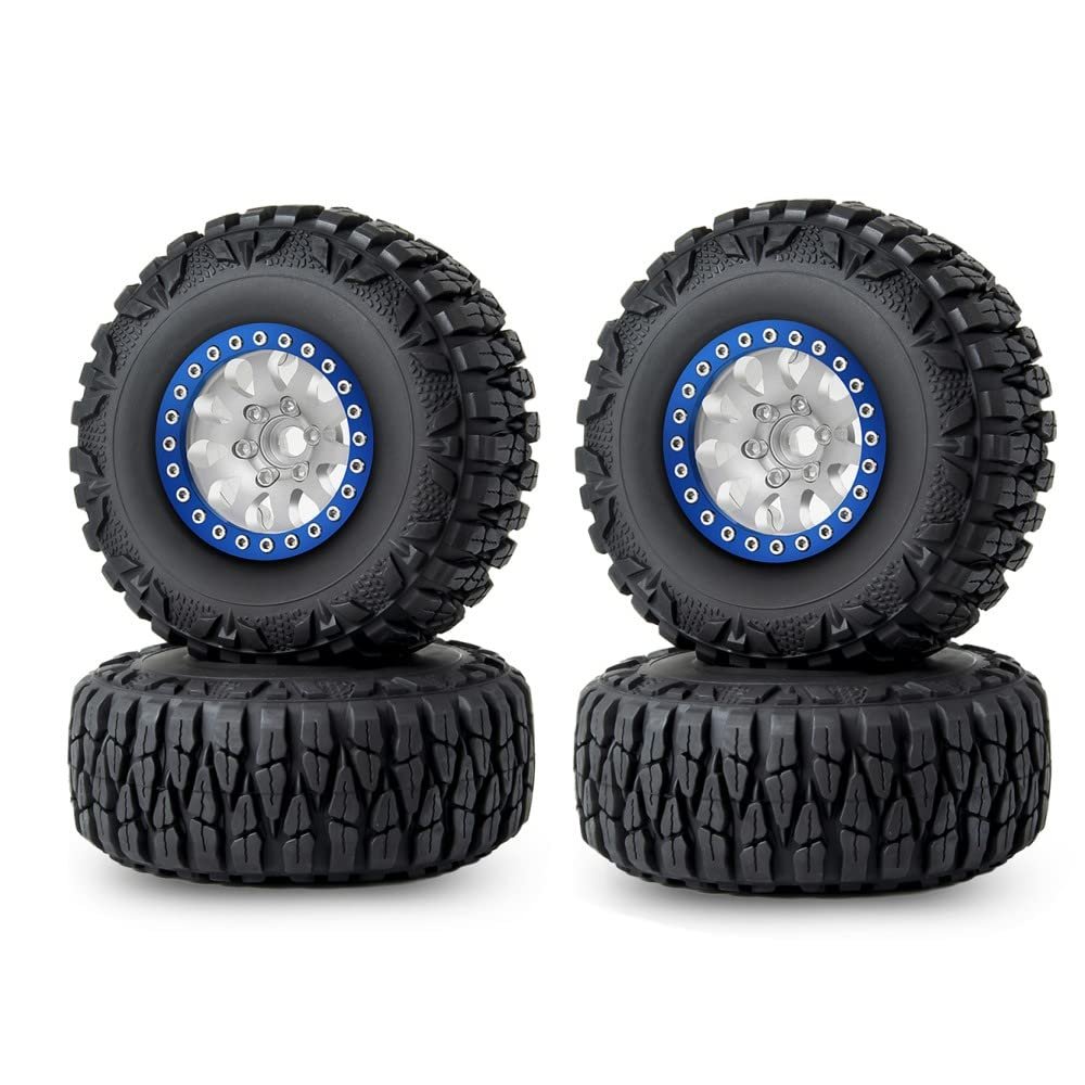 RCLIONS 1.9inch Aluminum Beadlock Wheels and Rubber Tires with Foam Insert for 1/10 RC Car Axial SCX10 90046,SCX10-III,TRX4,D90 (Matte Silver+Blue)