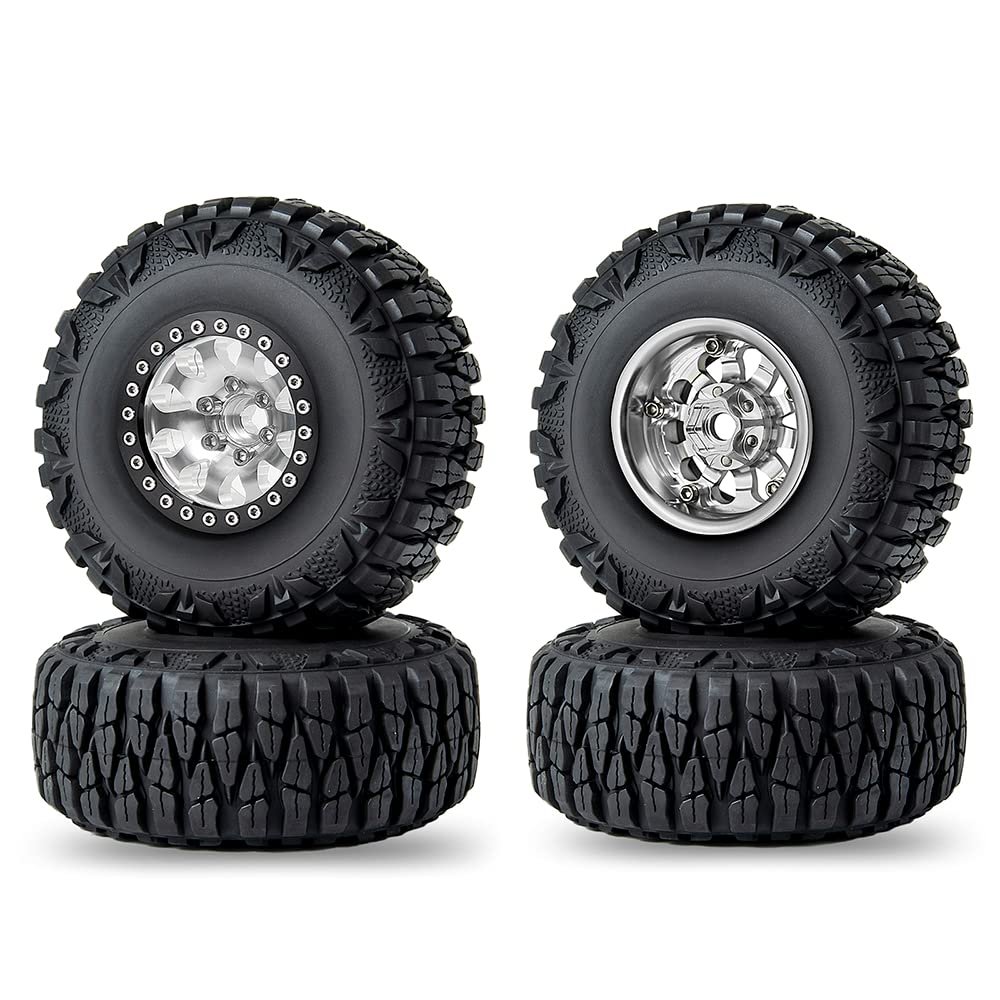 RCLIONS 1.9inch Aluminum Beadlock Wheels and Rubber Tires with Foam Insert for 1/10 RC Car Axial SCX10 90046,SCX10-III,TRX4,D90 (Silver+Black)