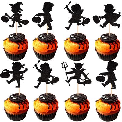 24 PCS Black Glitter Trick or Treat Cupcake Picks - Halloween Cupcake Toppers for Baby Shower, Kids Birthday Party Cake Decorations
