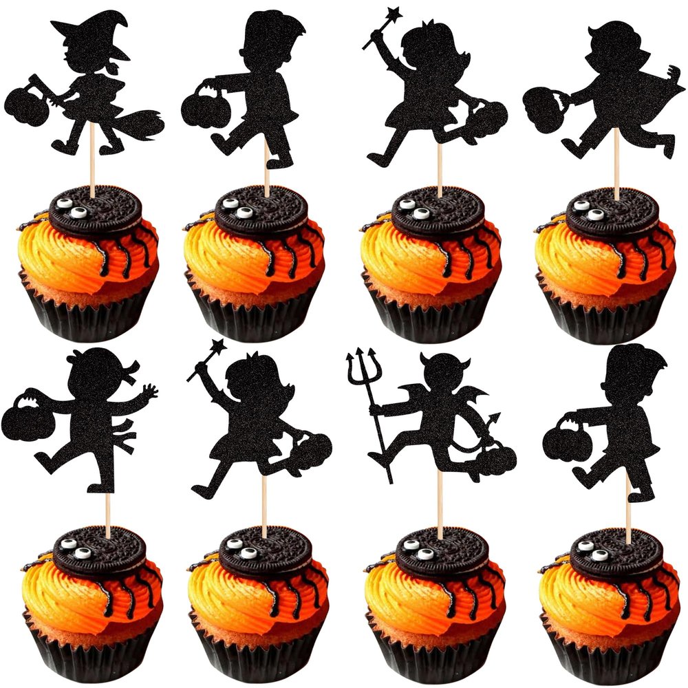 24 PCS Black Glitter Trick or Treat Cupcake Picks - Halloween Cupcake Toppers for Baby Shower, Kids Birthday Party Cake Decorations