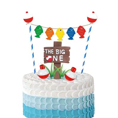 The Big One Cake Topper with Bass Fishes Sign