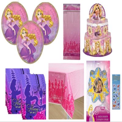 Disney Tangled Birthday Party Supplies Bundle Pack includes 16 Lunch Plates, 16 Napkins, 1 Table Cover, 1 Mini Favor Boxes Centerpiece, 1 Hanging Decorations