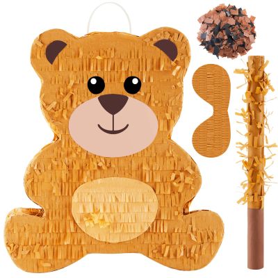 Lewtemi 14.5 Inch Bear Piata Bear Themed Birthday Party Supplies Animal Piata with Wood Bat Stick, Paper Blindfold and Confetti for Valentine Baby Shower Party Decor Kid Adult Boy Girl