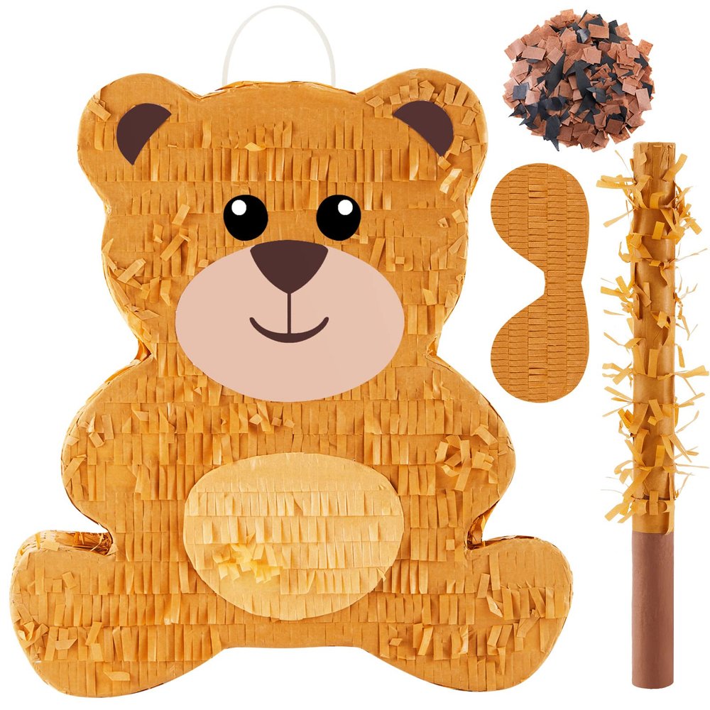 Lewtemi 14.5 Inch Bear Piata Bear Themed Birthday Party Supplies Animal Piata with Wood Bat Stick, Paper Blindfold and Confetti for Valentine Baby Shower Party Decor Kid Adult Boy Girl