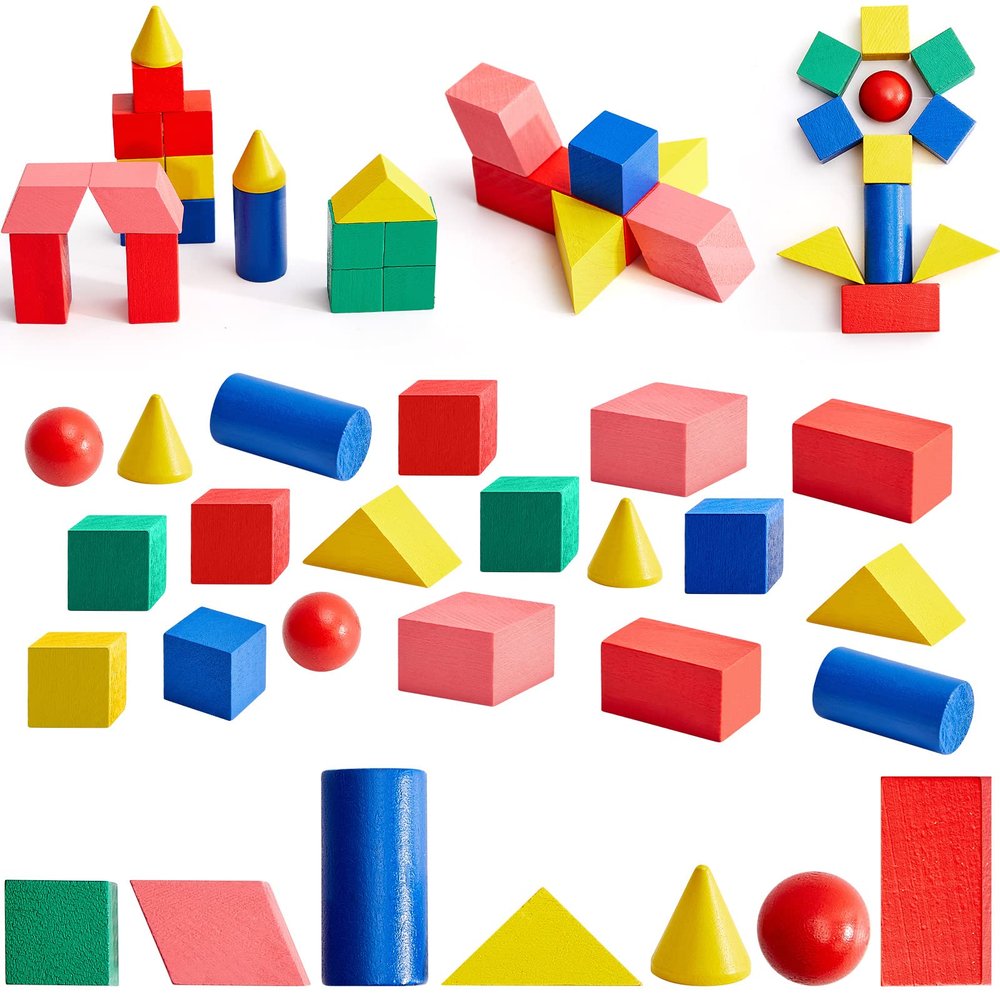 Deekin 70 Pcs Wood Geometric Solid Mini 3D Shapes Wooden Block Bulk for Teaching Classroom Manipulatives Elementary Shape Block for Toddler Kid Geometry Math Kindergarten Preschool Learning (Geometry)